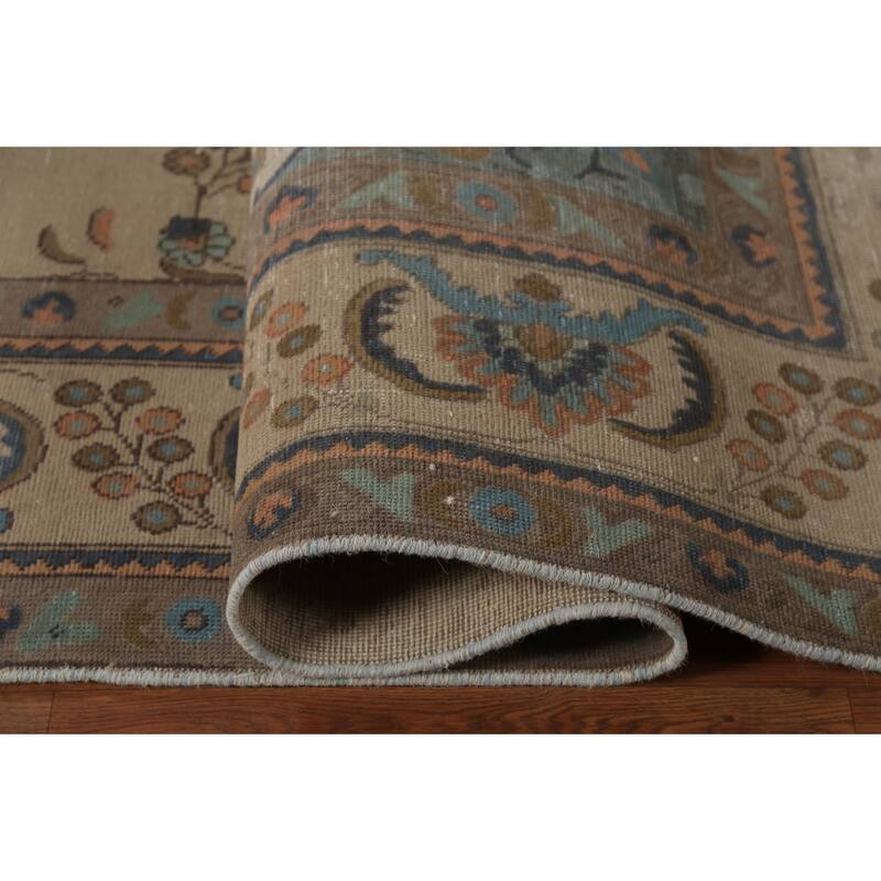 Tabriz Persian Vintage Area Rug Hand-Knotted Beige Wool Carpet - 9'6"x 12'5"