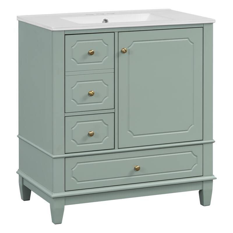 30" Bathroom Vanity With Sink, Freestanding Vanity Cabinet With Ceramic Basin, 3 Drawers, Storage Shelves Included