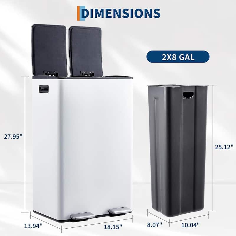 2 x 8 gallon double-compartment kitchen waste recycling station with individual foot pedal, white