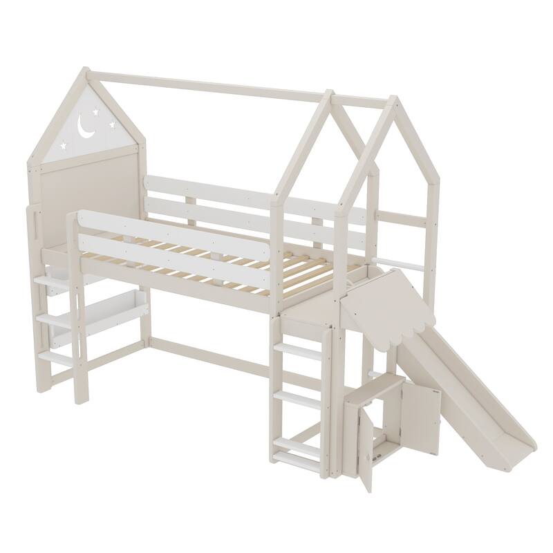 Twin Size Loft Bed with Bookshelf Playful Design for Kids House-Shaped Structure with Slide High-Quality Safety Rails
