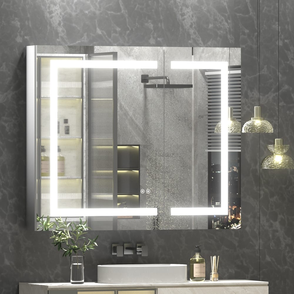 KIOTEE LED Lighted Recessed or Surface Mount Medicine Cabinet Mirror with Dimmable Light and Socket