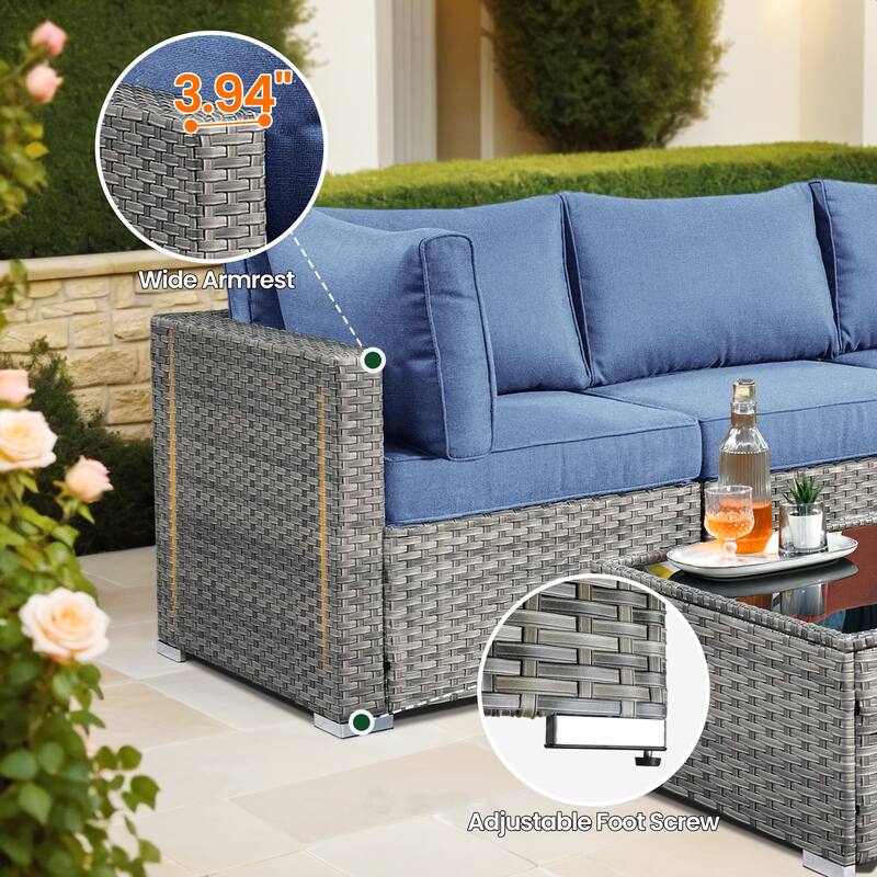 HOOOWOOO 8-piece Grey Wicker Patio Furniture Set Sectional Sofa with Fire Pit Table
