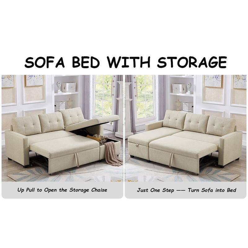 Modern Upholstered Pull Out Sectional Sofa with Storage Chaise