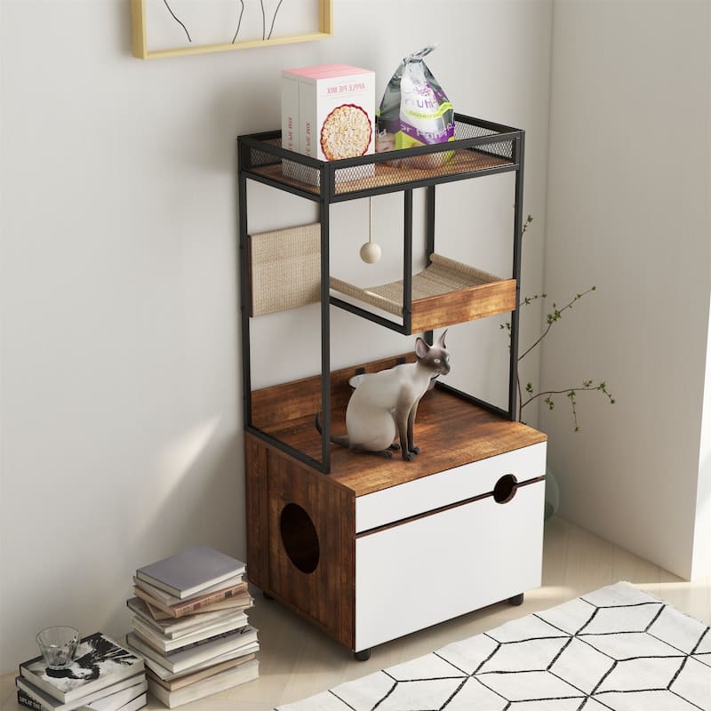 Hidden Cat Litter Box Enclosures with Cat Tree Tower - White+Vintage