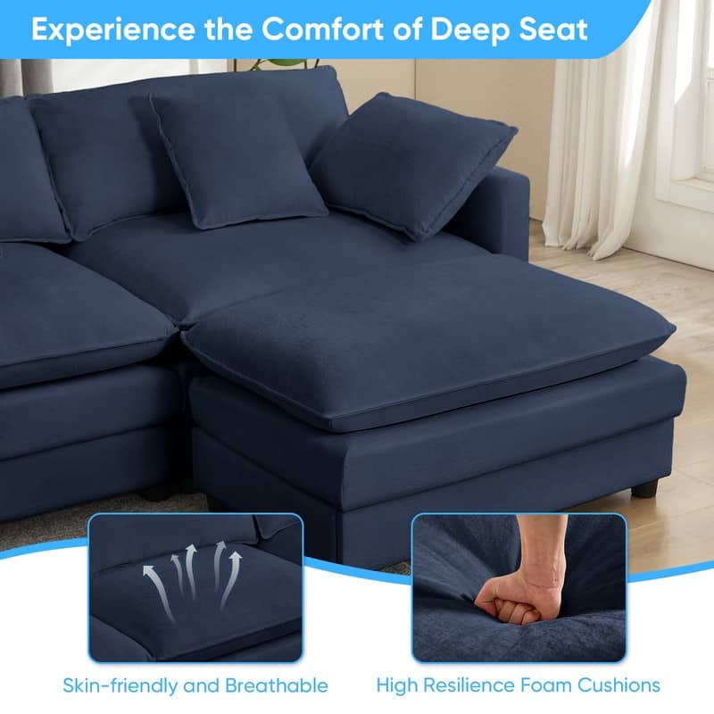 Mixoy 77''L-Shaped Modular Deep Seat Sofa, Modern Chenille Loveseat Cloud Sofa with Ottoman and Thickened Cushions