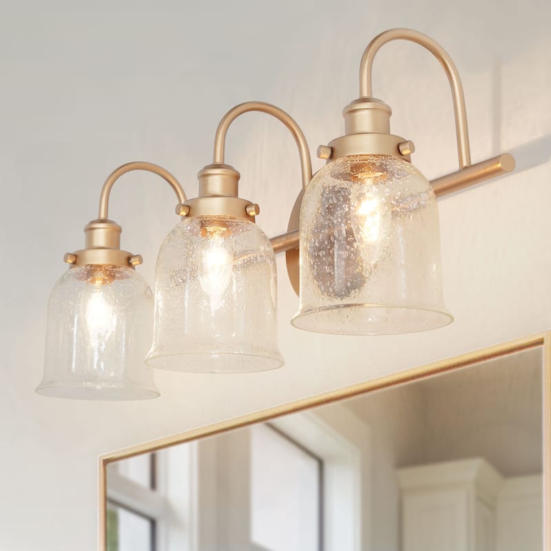 Modern Seeded Glass Bathroom Vanity Light Gold 3-Light Farmhouse Wall Sconces Dimmable - Brass Gold - L 21"xW 9"xH 8"