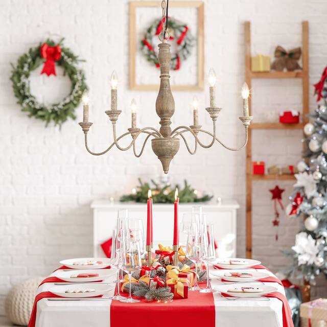 The Gray Barn Farmhouse 6-Light 29.5" Distressed Wood Curve Arm French Country Chandelier