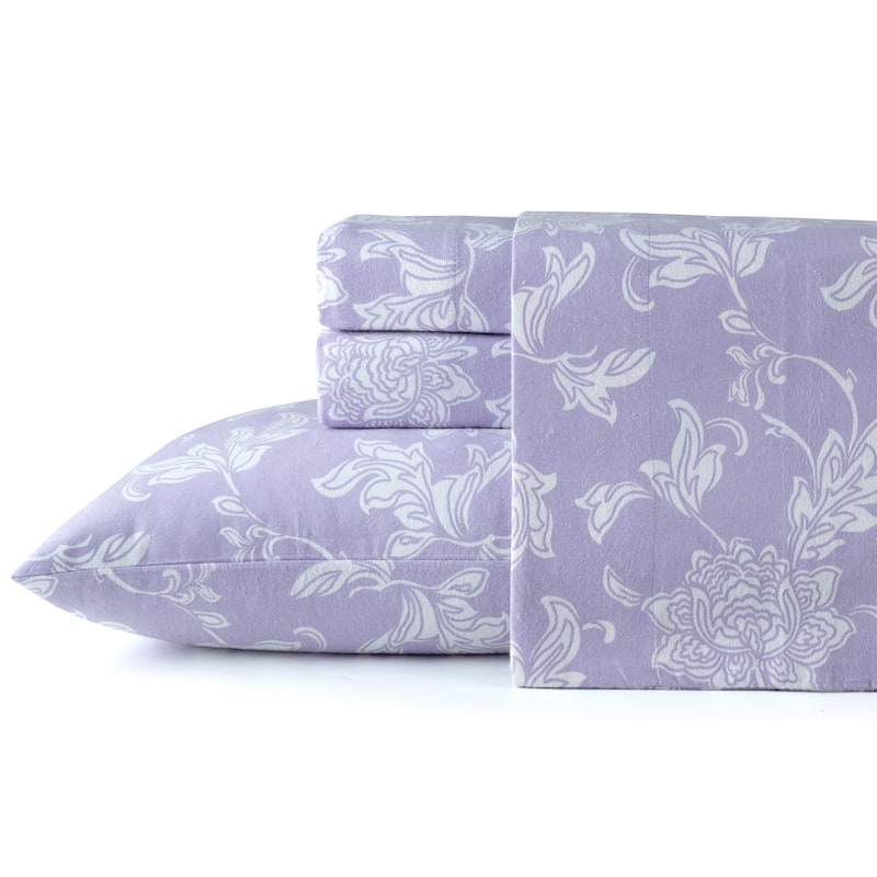 Pointehaven Printed Cotton 180 GSM Deep Pocket Oversized Brushed Flannel Sheet Set - Lilac Bloom - California King