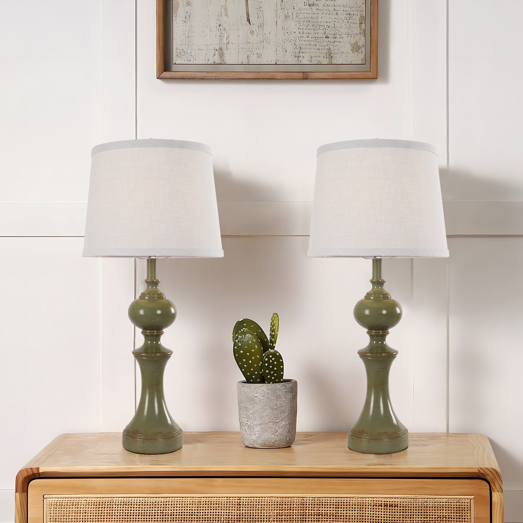 Resin Table Lamps in Antique green with Linen Shade (Set of 2)