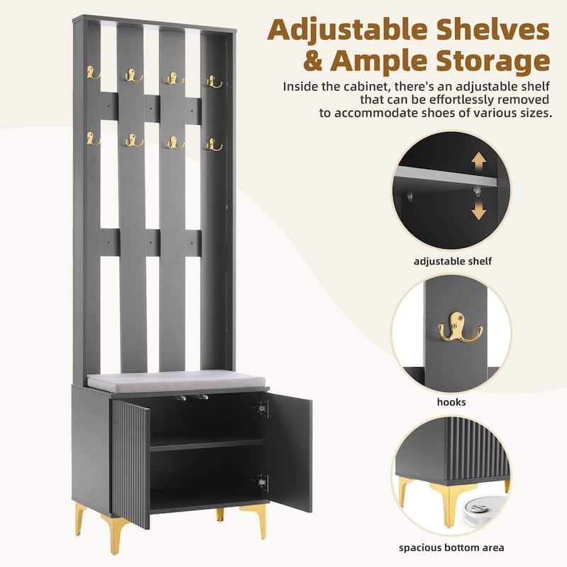 Roomfitters Luxury Hall Tree with Bench and Cushion, Versatile 4-in-1 Mudroom Organizer with Fluted Doors