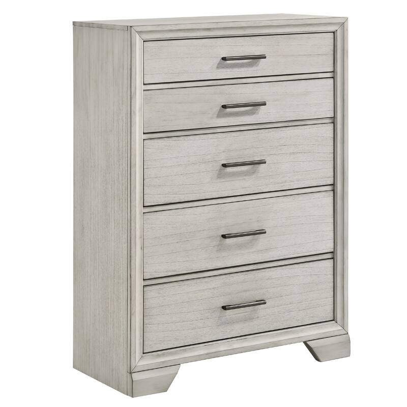Jeni Tall Dresser Chest, 5 Drawers, Chrome Handles, Rustic White Mist