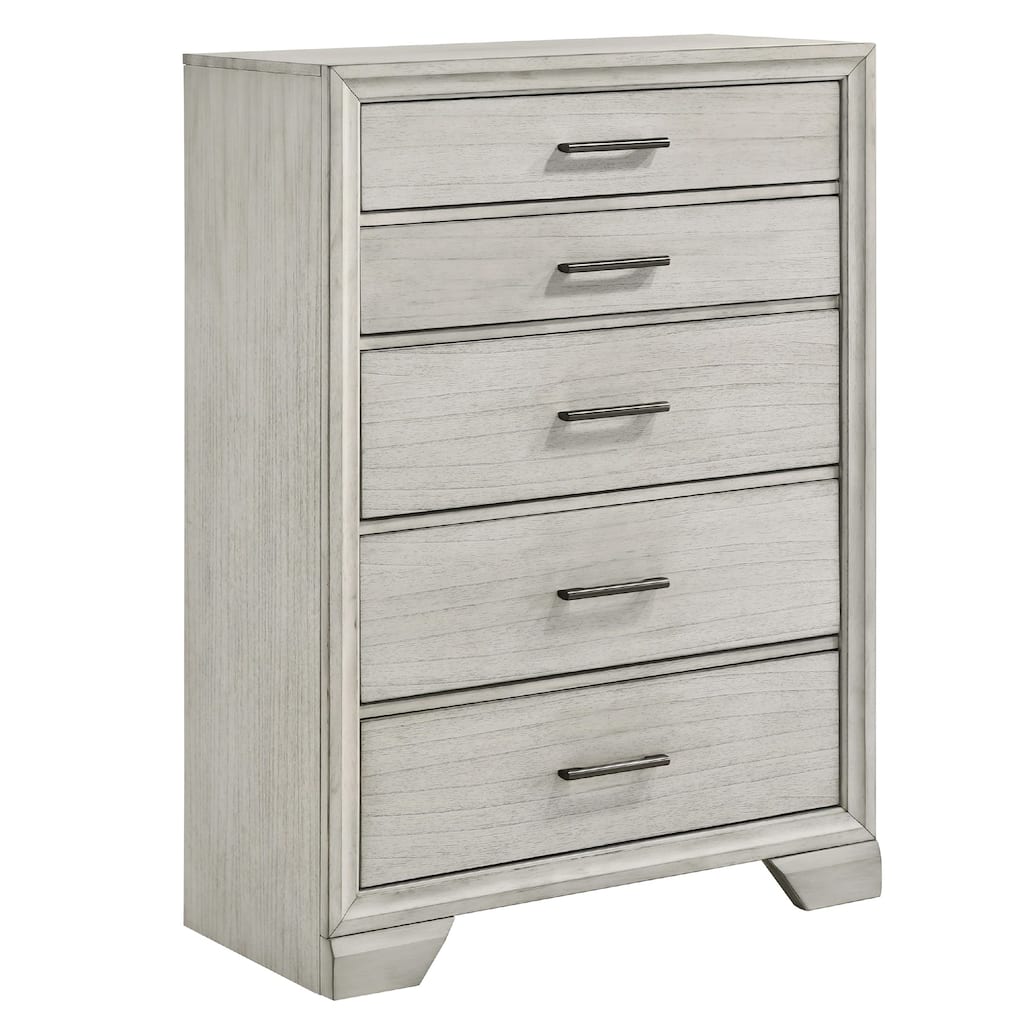 Jeni Tall Dresser Chest, 5 Drawers, Chrome Handles, Rustic White Mist