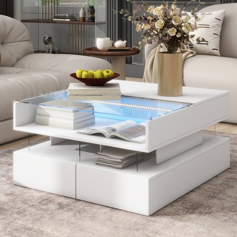 Lift-Top Coffee Table with 2 Drawers, Modern Square Coffee Table with Glass Top and High-Gloss Finish