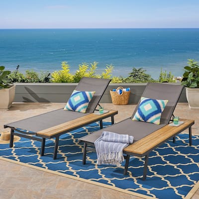 2 Piece Outdoor Chaise Lounges Set Mesh Seats with Adjustable Backrest and Attached Wood Side Table