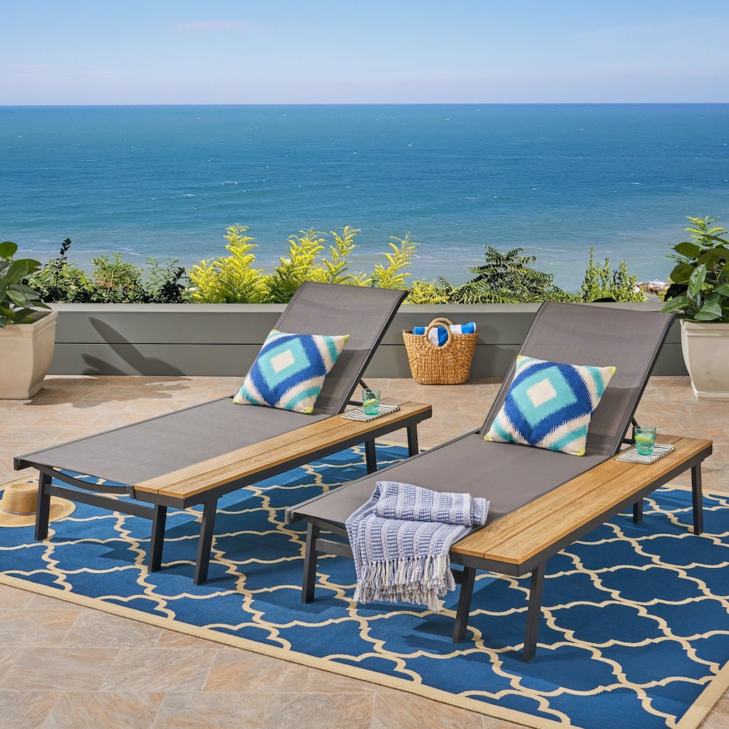 2 Piece Outdoor Chaise Lounges Set Mesh Seats with Adjustable Backrest and Attached Wood Side Table