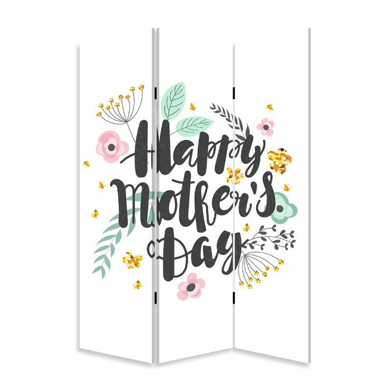 72 Inch 3 Panel Canvas Room Divider, Black Painted Mothers Day, White - Multi