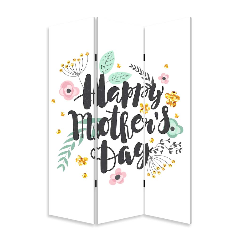 72 Inch 3 Panel Canvas Room Divider, Black Painted Mothers Day, White