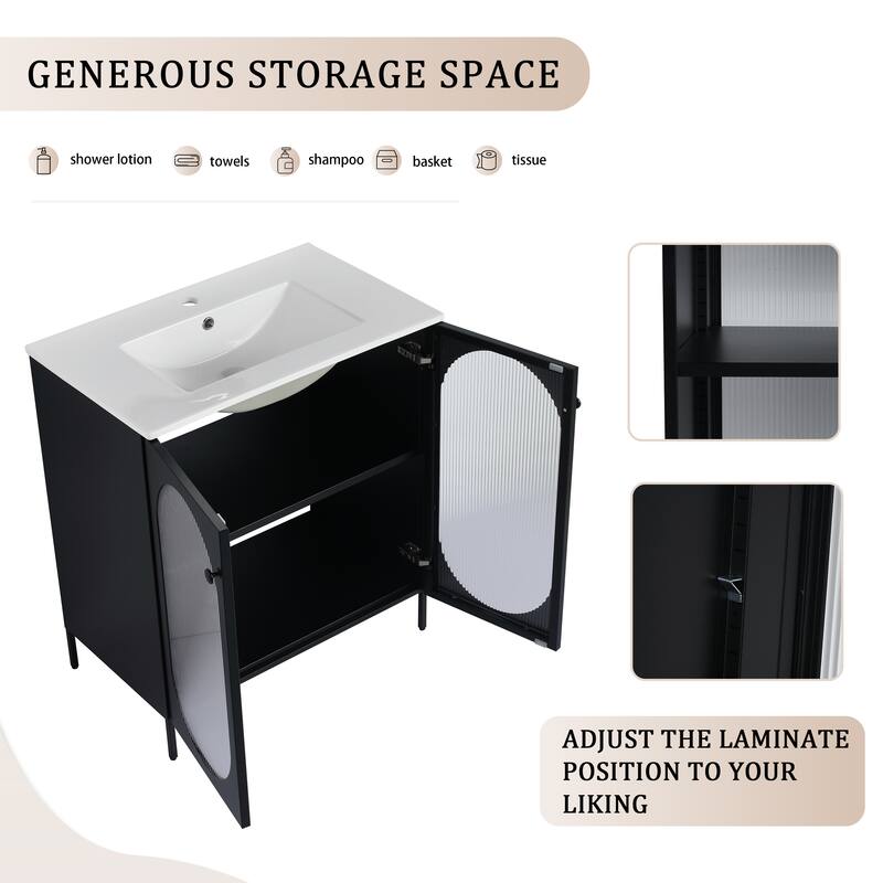 30-Inch Bathroom Vanity Cabinet with Cold-Rolled Steel Body and Dual Handles in Black and Gold - 30in L
