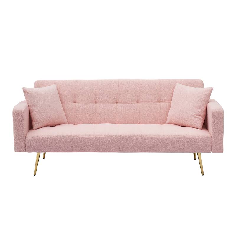 71" Modern Teddy Velvet Sofa Bed Folding Couch with Two Throw Pillows for Living Room