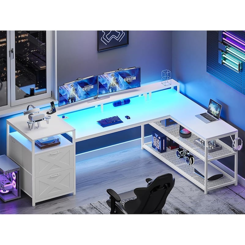 67" L Gaming Shaped Desk Storage Shelves Power Outlet 2 Drawers - White