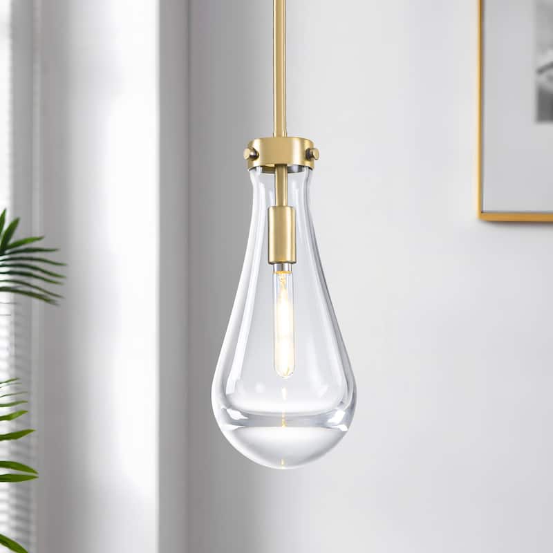 Starsky 1-Light Teardrop Modern Clear Raindrop Glass Pendant - Gold