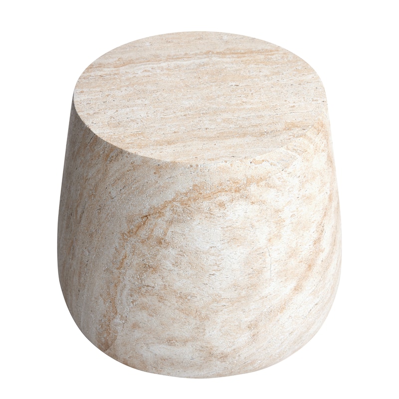 Barrel Travertine Stone Finish Italian Design MgO Side Accent Table - 18.8"x18.8"x16.1"