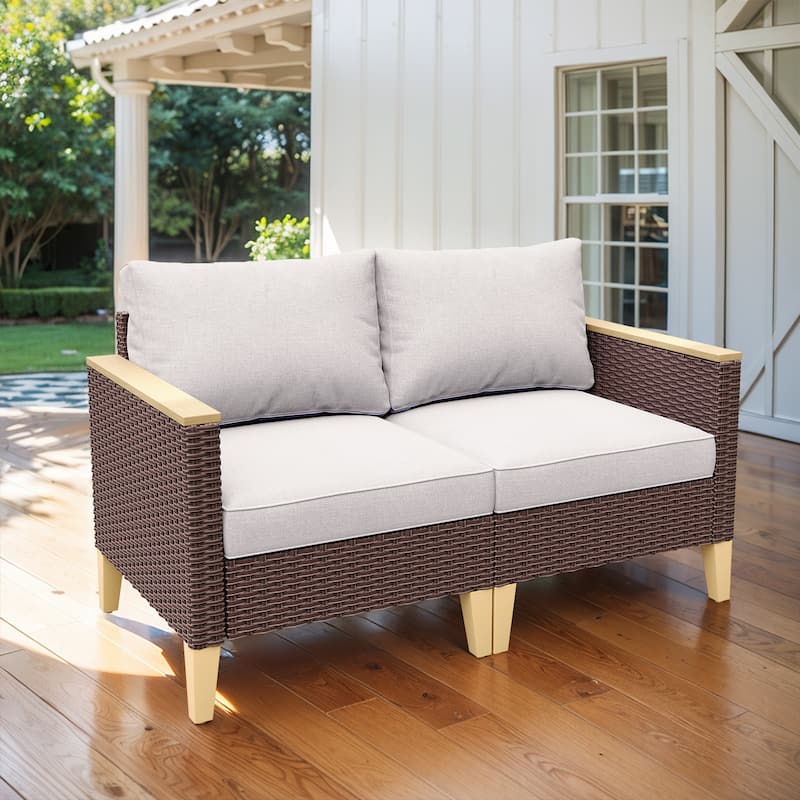 Outdoor Loveseat Sofa With Cushion - Beige - Brown