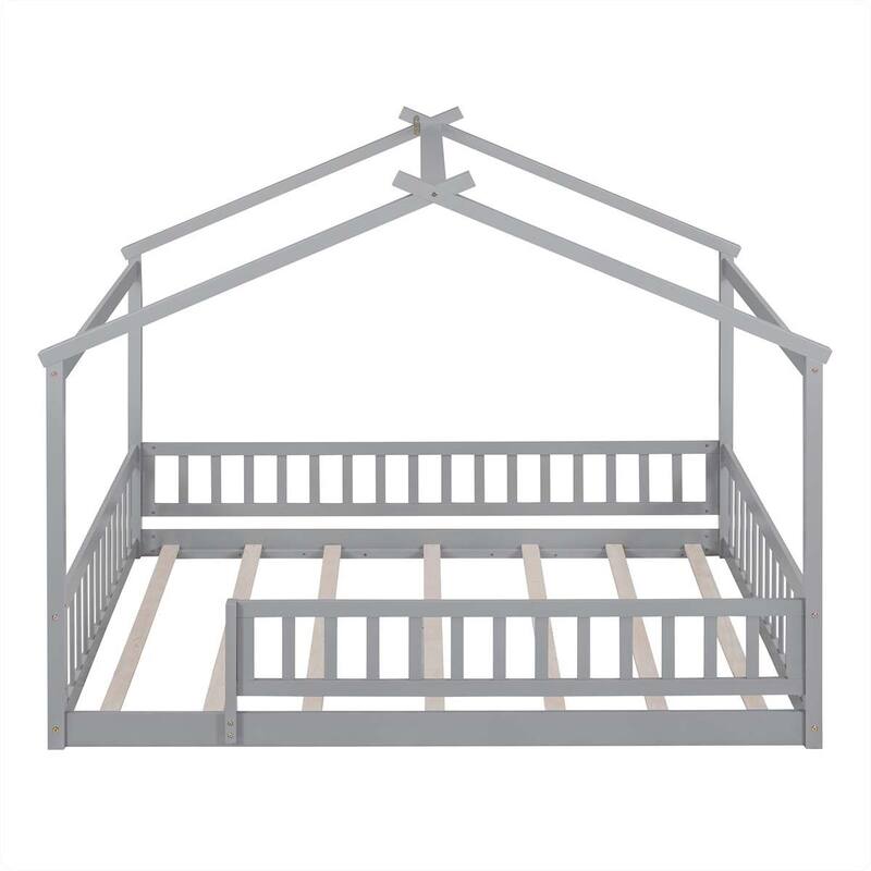 Full Size Wood Bed House Bed Frame with Fence