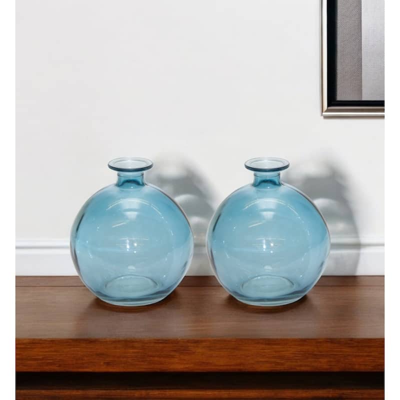 Blue Glass Round Table Bud Vases Set of 2 for Coastal Home Decor