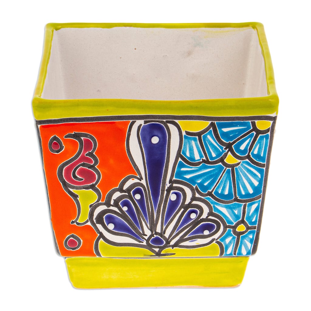 Novica Handmade Hacienda Scenes In Chartreuse Ceramic Flower Pot