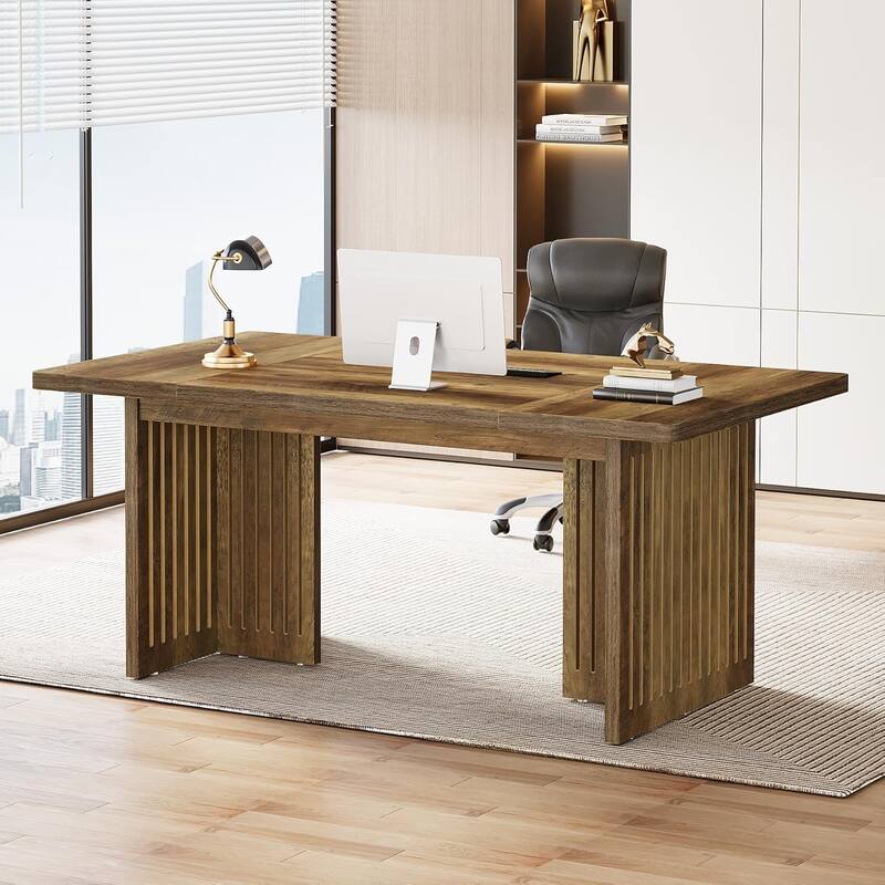63-Inch Executive Desk, Large Computer Desk with Sturdy Wood Legs for Home Office, Rustic Brown - Brown