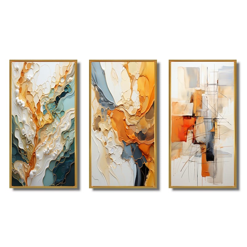 Designart "Orange White Line Art Organic Abstraction" Abstract Framed Wall Art Set Of 3 For Living Room Decor