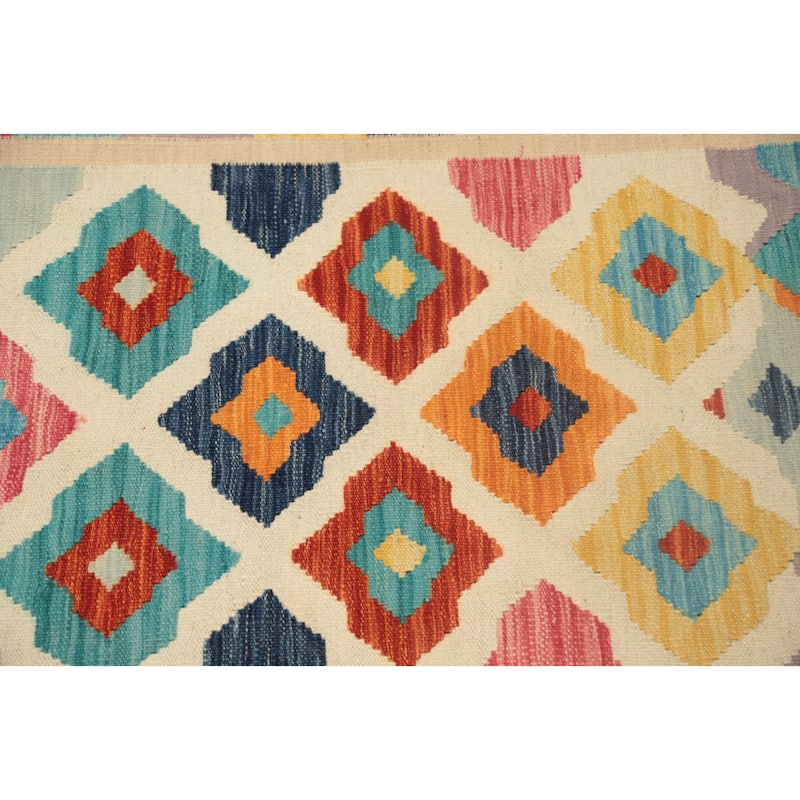 Hand Woven Oriental 100% Wool Carpet Southwestern Geometric Beige & Ivories Kilim Runner Rug - 9' 6'' X 2' 6''
