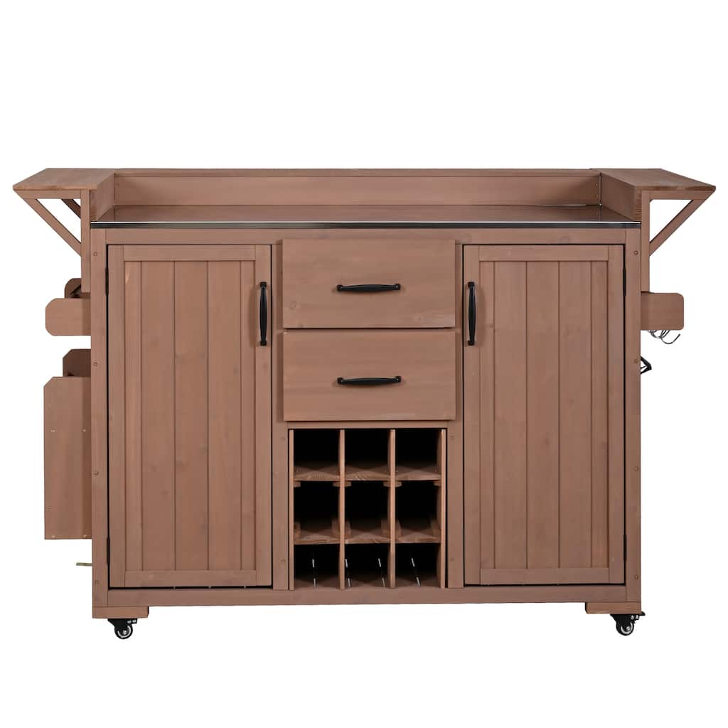 60.2"W Rolling Outdoor Kitchen Island with Wheels and Stainless Steel Top, Wood Grill Cart with Spice Rack&Wine Rack