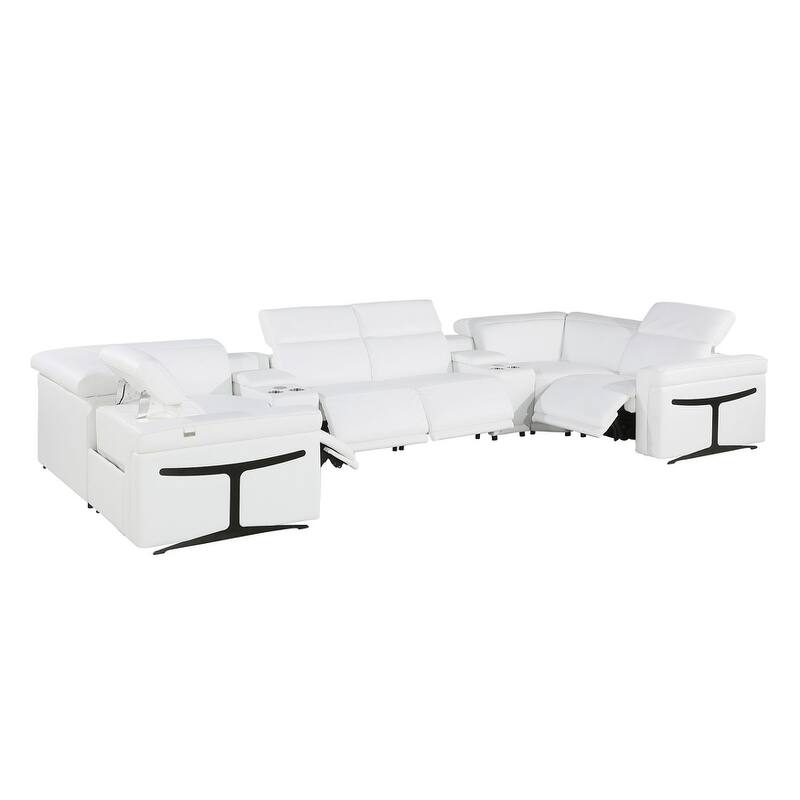HomeRoots White Italian Leather Power Reclining U Shaped Eight Piece Sectional With Console