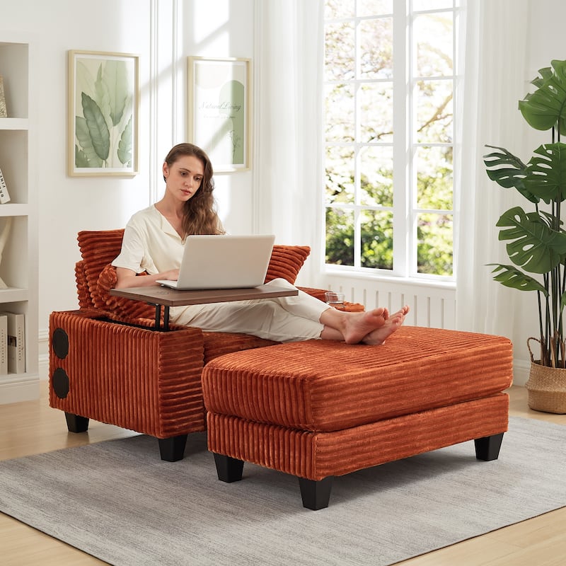 Versatile Chaise Lounge Single Sofa Chair with Ottoman, Swivel Table, Storage Armrest, Cup Holder, Bluetooth Speaker and USB