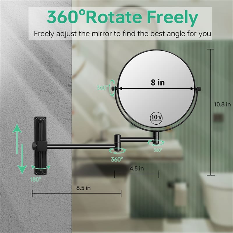 8" 1x/10x Magnifying Double Sided Vanity Mirror Height Adjustable