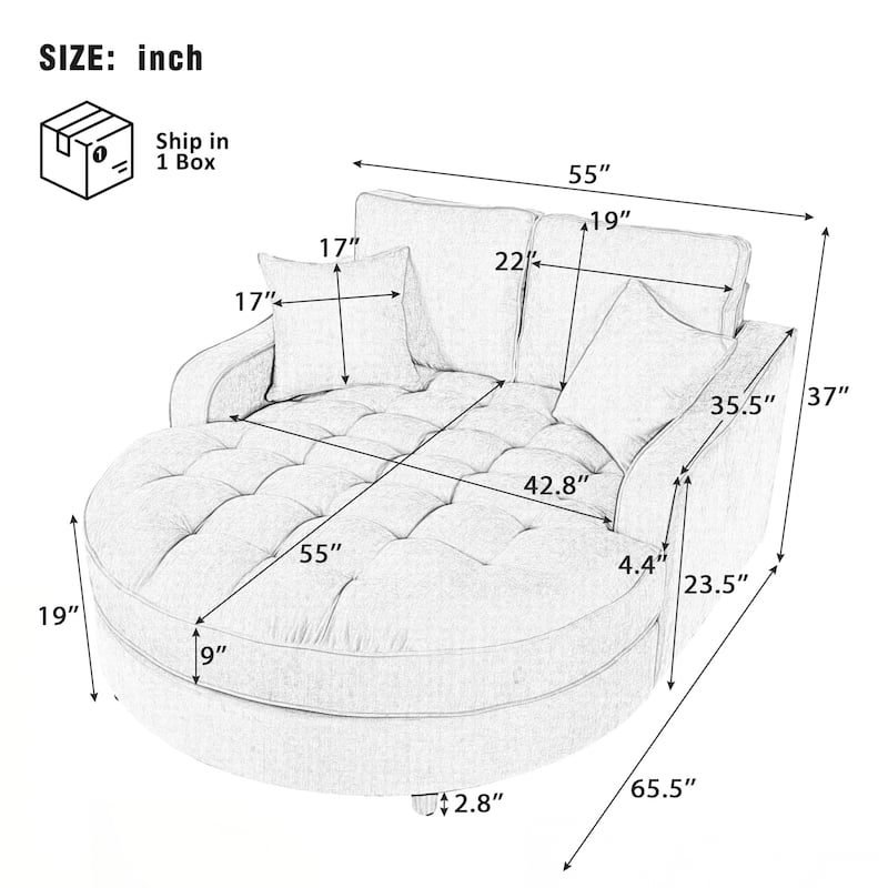 55" Modern Chaise Lounge Sofa Bed Upholstered Sofa Couch with Seat and Detachable Pillows for Living Room