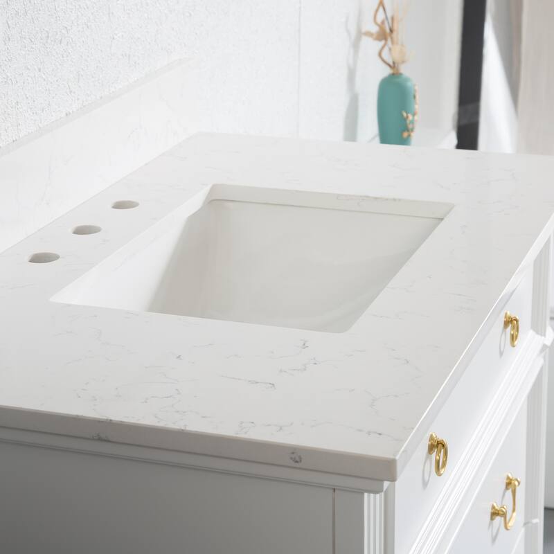 35'' H X 36'' W Solid Wood Bath Vanity with Stain-resistant Carrera White Quartz Top and Single Sink