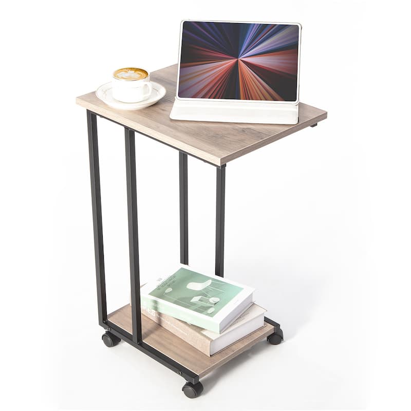 JJS Side End C Table for Sofa, Living Room Couch Table Snack Table That Slide Under for Small Spaces