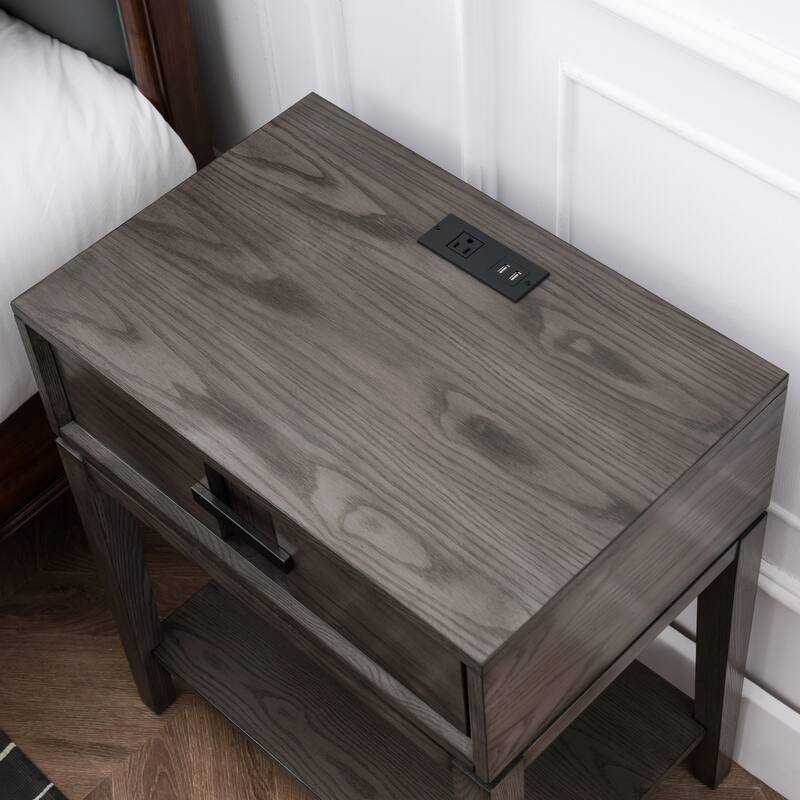 Contemporary Charging Oak Nightstand Side Table One Drawer