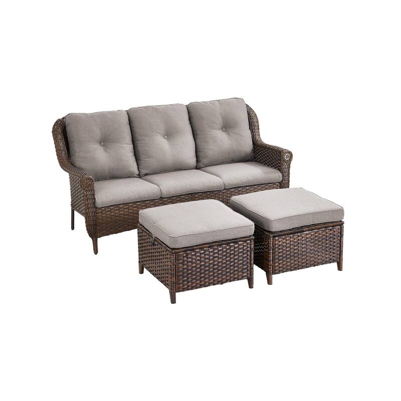 Outdoor Patio 3-Seat Sofa with 2 Ottomans Brown - Grey