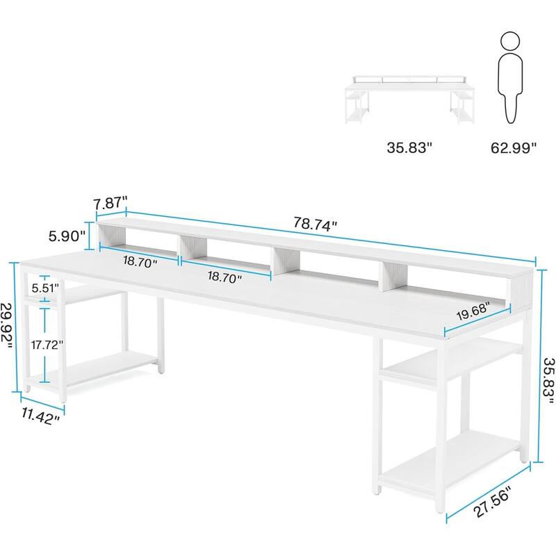 Two Person Desk Long Computer Desk with Monitor Stand and Storage Shelves
