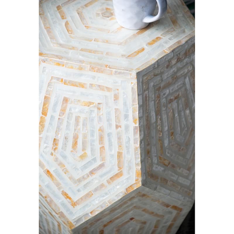 18x18x21" Hexagonal Capes Capiz Stool, Cream/Yellow