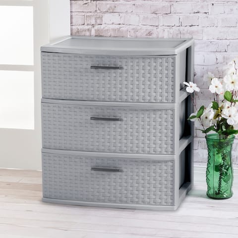 STERILITE 3 Drawer Wide Weave Tower, Cement frame w/ Flat Gray Handles - 15.88 " Long