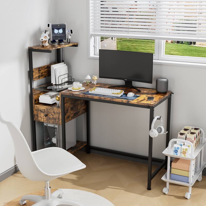 48" Study Writing Desk with Reversible Shelves, USB Charging Ports, LED Lights, and Drawer