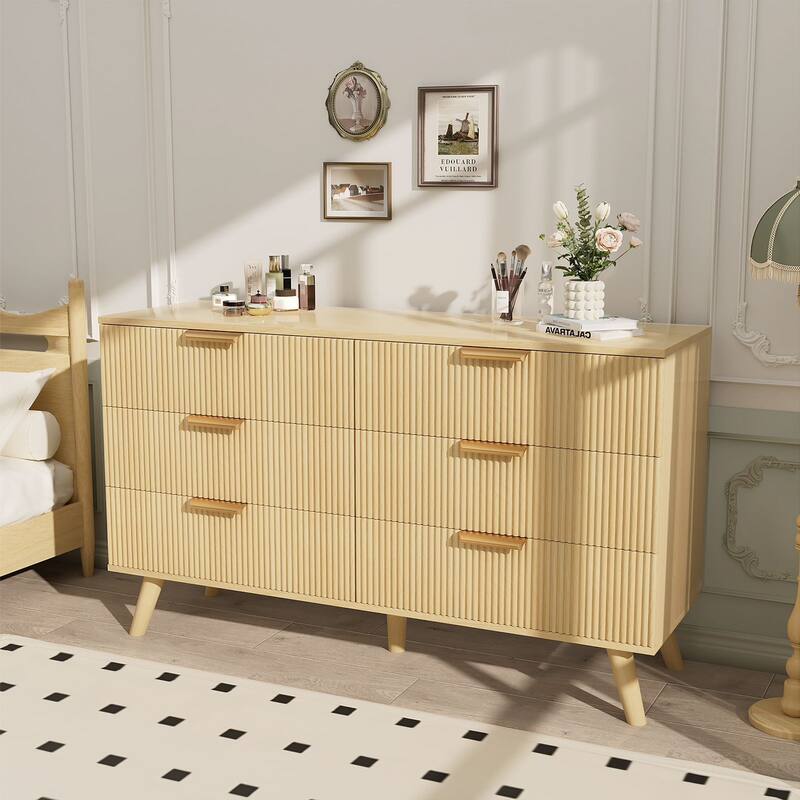 Gymojoy Fluted 6 Drawer Dresser with Gold Metal Handles, Modern Chest of Drawers for Living Room, Bedroom, Apartment