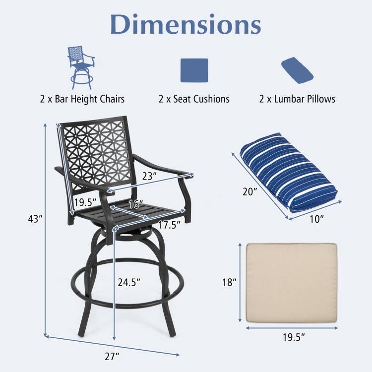 Set of 2 Outdoor Bar Height Chair with Soft Cushions - 27" x 23" x 43"(L x W x H)