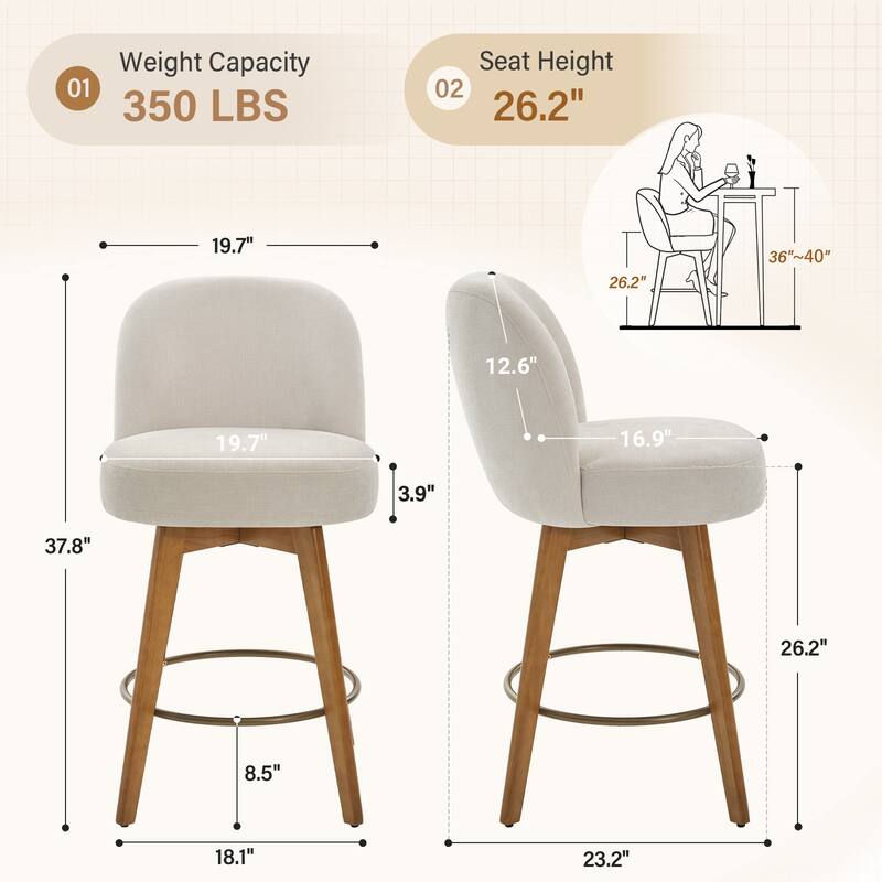 Fabric Upholstered Counter Height Swivel Bar Stools - 37.8"H x 19.7"W x 23.2"D