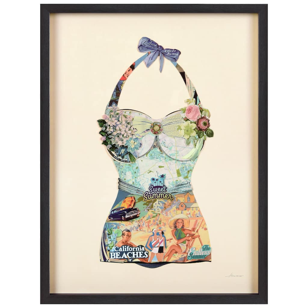 "California Beach" Alex Zeng's dimensional collage, under glass & a black shadow box frame